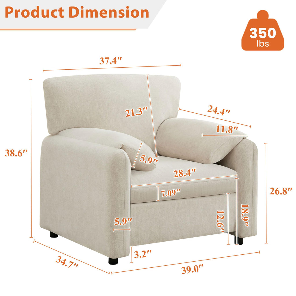 JONPONY Oversized Accent Chairs, 39" Wide Single Sofa Chair with Comfy Upholstered, Modern Chenille Lounge Chair, Comfortable Reading Chair for Living Room & Bedroom
