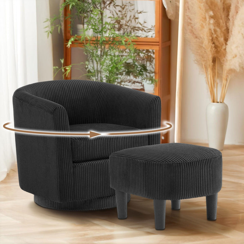 JONPONY Swivel Accent Chair 360°Comfy Recliner Corduroy Accent Club Armchair Single Sofa with Ottoman for Living Room,Black