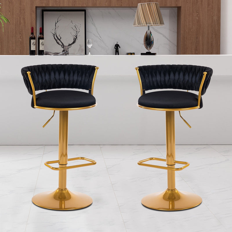 JONPONY bar stools Set of 2, Height Adjustable ,Fabric around woven basket network design,Velvet Modern bar Chairs for Home and Kitchen Counter,Black