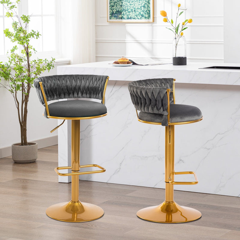 JONPONY bar stools Set of 2, Height Adjustable ,Fabric around woven basket network design,Velvet Modern bar Chairs for Home and Kitchen Counter,Black