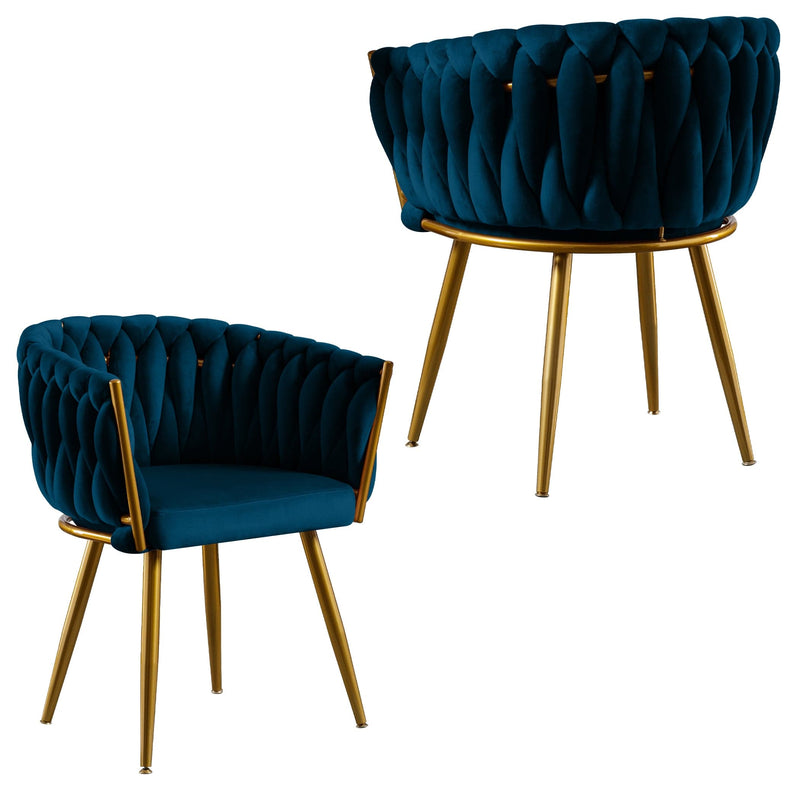 JONPONY Velvet Dining Chairs Set of 2, Modern Woven Upholstered Dining Chairs with Gold Metal Legs,Luxury Tufted Dining Chairs for Living Room, Bedroom, Kitchen,Blue