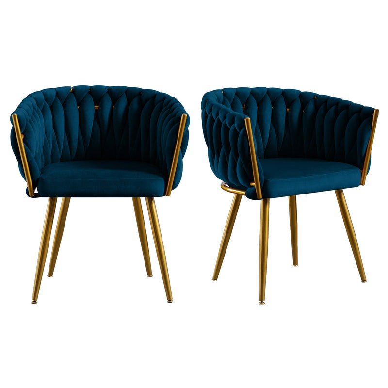 JONPONY Velvet Dining Chairs Set of 2, Modern Woven Upholstered Dining Chairs with Gold Metal Legs,Luxury Tufted Dining Chairs for Living Room, Bedroom, Kitchen,Blue