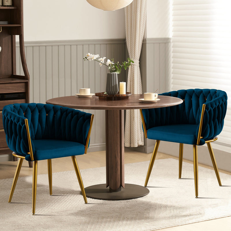 JONPONY Velvet Dining Chairs Set of 2, Modern Woven Upholstered Dining Chairs with Gold Metal Legs,Luxury Tufted Dining Chairs for Living Room, Bedroom, Kitchen,Blue