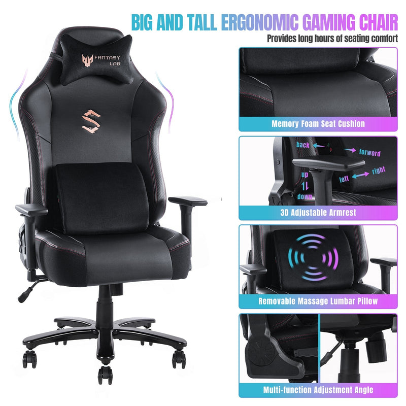 JONPONY Big and Tall Gaming Chair 400lbs Gaming Chair with Massage Lumbar Pillow, Headrest, 3D Armrest, Metal Base, PU Leather