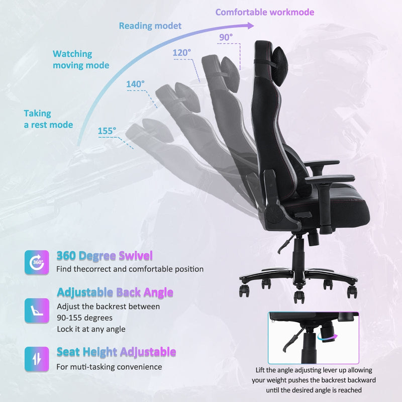 JONPONY Big and Tall Gaming Chair 400lbs Gaming Chair with Massage Lumbar Pillow, Headrest, 3D Armrest, Metal Base, PU Leather