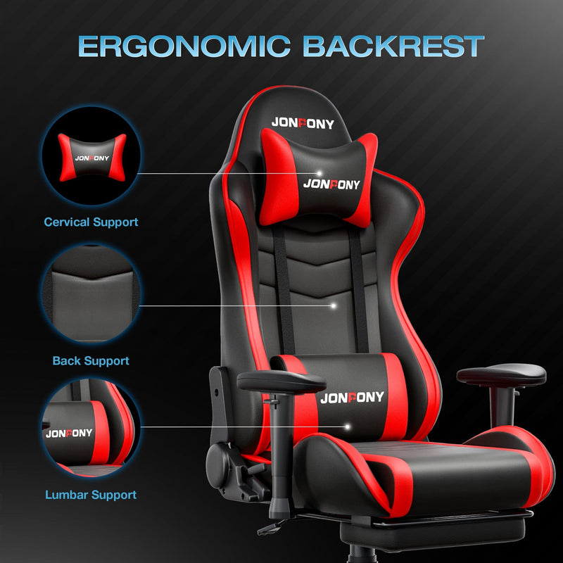JONPONY Big and Tall 400LBS Gaming Chair, Ergonomic Design, Gamer Chair PU Leather with Footrest and Lumbar Support, High Back Office Chair Support 8 Hours Long Sitting, Computer Chair,Red