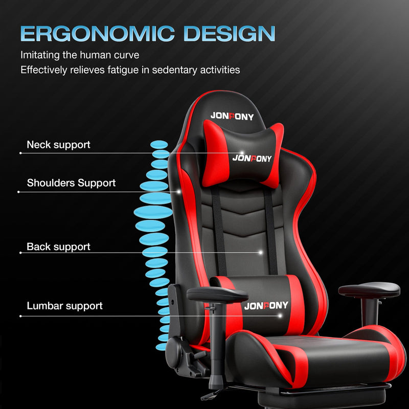 JONPONY Big and Tall 400LBS Gaming Chair, Ergonomic Design, Gamer Chair PU Leather with Footrest and Lumbar Support, High Back Office Chair Support 8 Hours Long Sitting, Computer Chair,Red