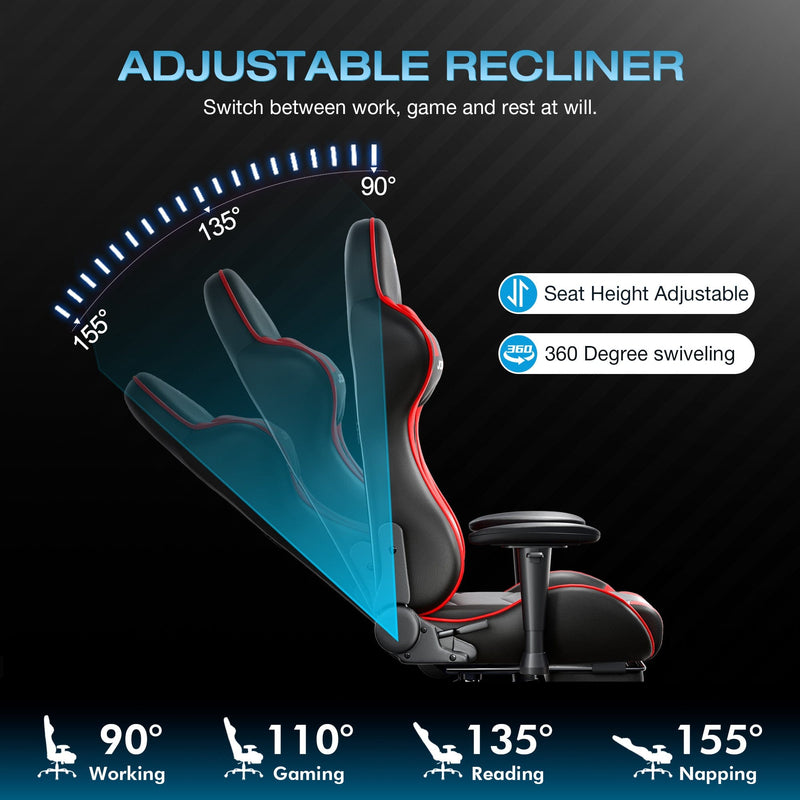 JONPONY Big and Tall 400LBS Gaming Chair, Ergonomic Design, Gamer Chair PU Leather with Footrest and Lumbar Support, High Back Office Chair Support 8 Hours Long Sitting, Computer Chair,Red