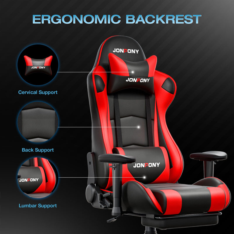 JONPONY Big and Tall 400LBS Gaming Chair, Ergonomic Design, Gamer Chair PU Leather with Footrest and Lumbar Support, High Back Office Chair Support 8 Hours Long Sitting, Computer Chair,Red