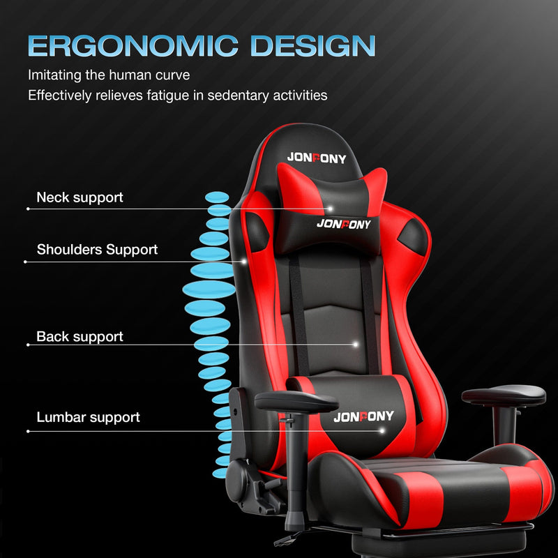 JONPONY Big and Tall 400LBS Gaming Chair, Ergonomic Design, Gamer Chair PU Leather with Footrest and Lumbar Support, High Back Office Chair Support 8 Hours Long Sitting, Computer Chair,Red