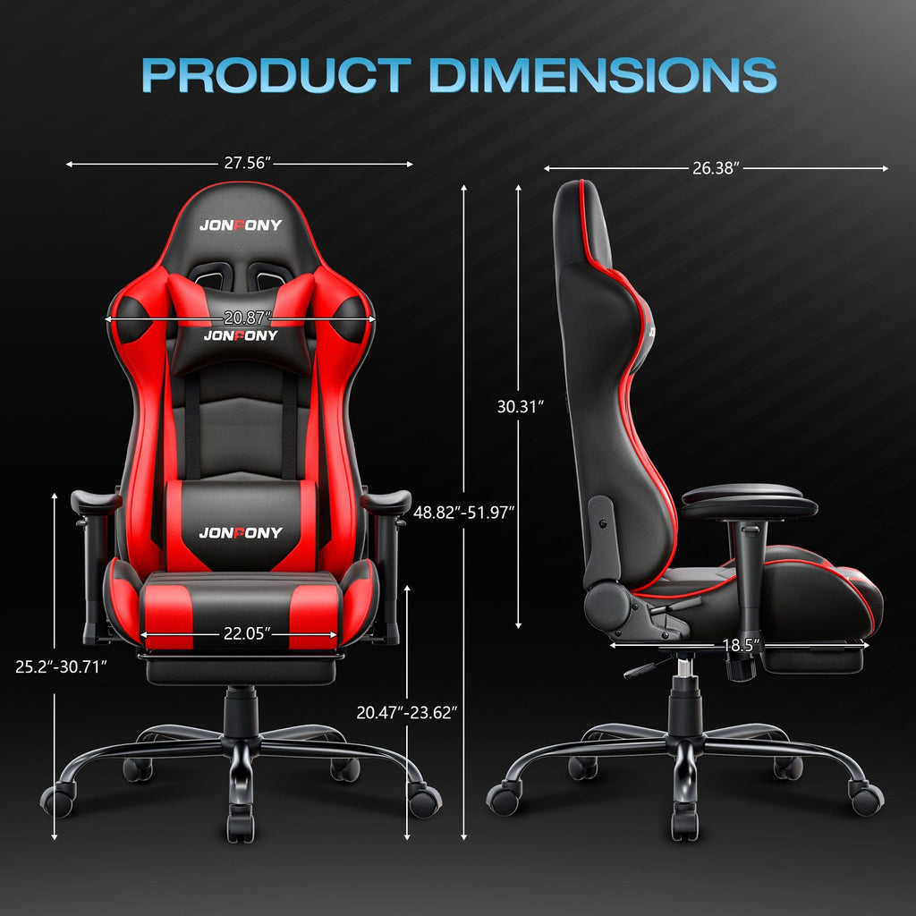 JONPONY Big and Tall 400LBS Gaming Chair, Ergonomic Design, Gamer Chair PU Leather with Footrest and Lumbar Support, High Back Office Chair Support 8 Hours Long Sitting, Computer Chair,Red
