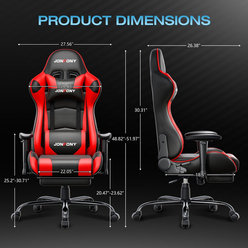 JONPONY Big and Tall 400LBS Gaming Chair, Ergonomic Design, Gamer Chair PU Leather with Footrest and Lumbar Support, High Back Office Chair Support 8 Hours Long Sitting, Computer Chair,Red