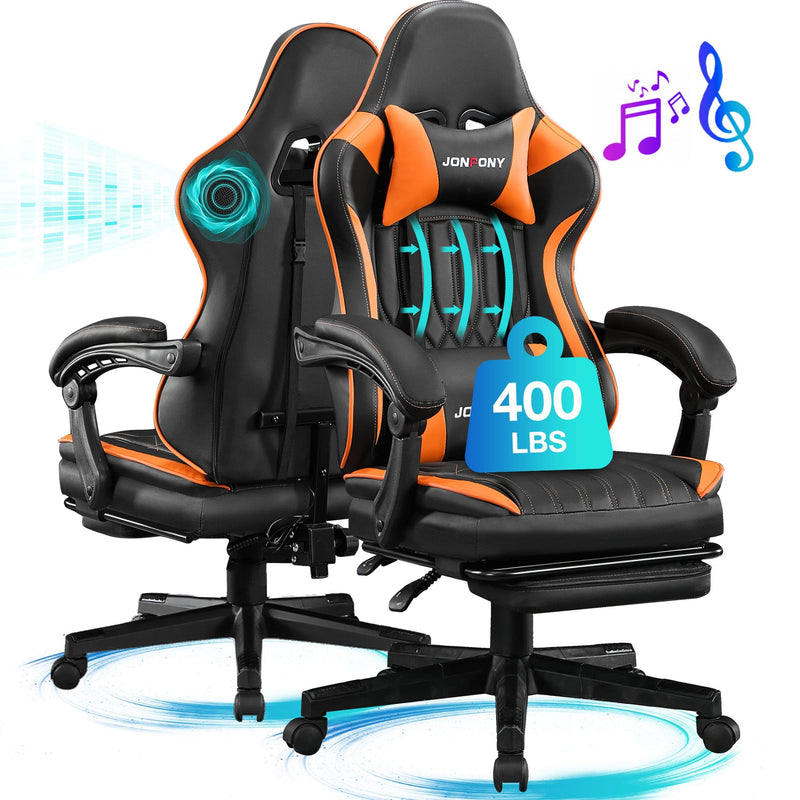 JONPONY Big and Tall 400lbs Gaming Chair with Bluetooth Speakers Gamer Chair with Footrest Game Chair with Lumbar Support and 360-Swivel Seat and Headrest for Adults, Red