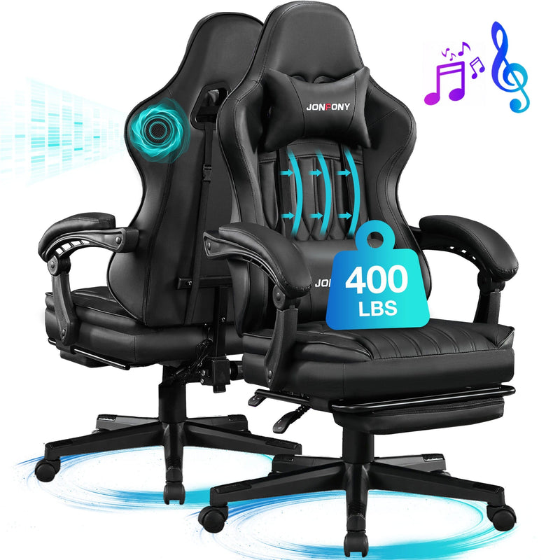 JONPONY Big and Tall 400lbs Gaming Chair with Bluetooth Speakers Gamer Chair with Footrest Game Chair with Lumbar Support and 360-Swivel Seat and Headrest for Adults, Red