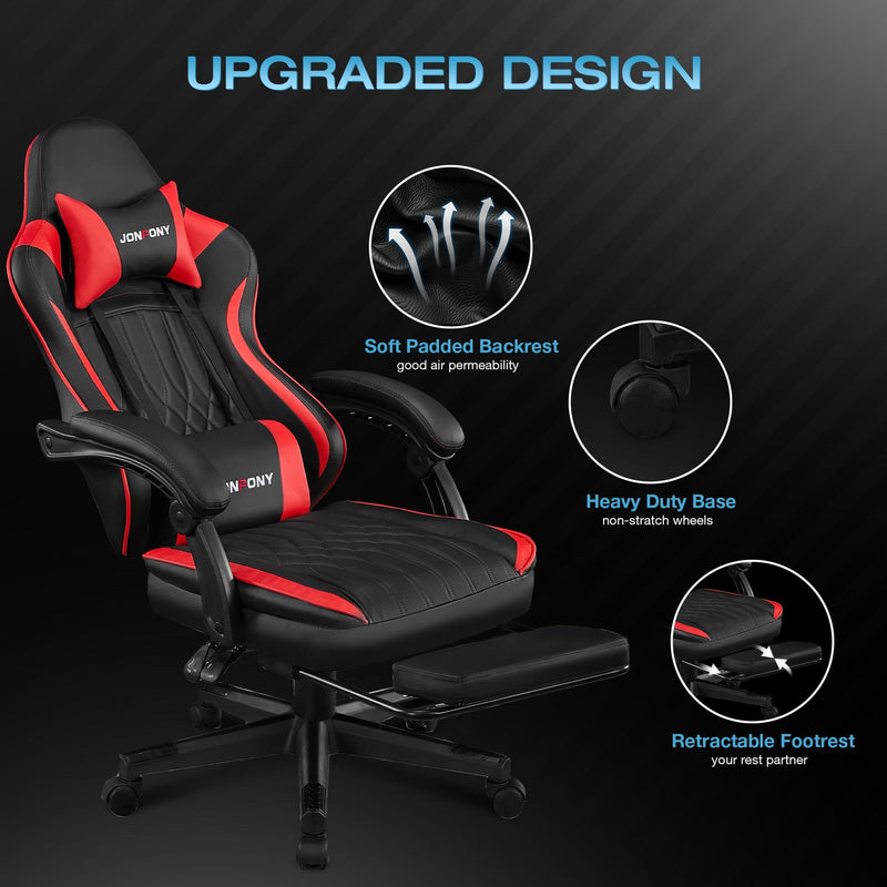 JONPONY Big and Tall 400lbs Gaming Chair with Bluetooth Speakers Gamer Chair with Footrest Game Chair with Lumbar Support and 360-Swivel Seat and Headrest for Adults, Red