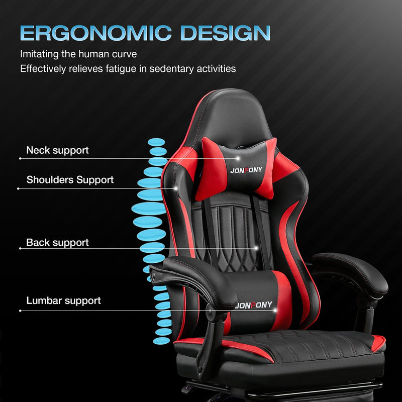 JONPONY Big and Tall 400lbs Gaming Chair with Bluetooth Speakers Gamer Chair with Footrest Game Chair with Lumbar Support and 360-Swivel Seat and Headrest for Adults, Red