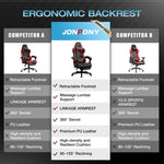JONPONY Big and Tall 400lbs Gaming Chair with Bluetooth Speakers Gamer Chair with Footrest Game Chair with Lumbar Support and 360-Swivel Seat and Headrest for Adults, Red