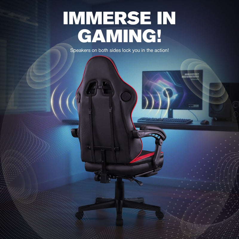JONPONY Big and Tall 400lbs Gaming Chair with Bluetooth Speakers Gamer Chair with Footrest Game Chair with Lumbar Support and 360-Swivel Seat and Headrest for Adults, Red