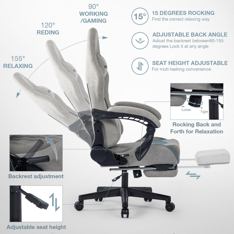 JONPONY Big and Tall Gaming Chair, Ergonomic Design, Gamer Chair PU Leather with Footrest and Lumbar Support, High Back Office Chair Support 8 Hours Long Sitting, Computer Chair,Grey