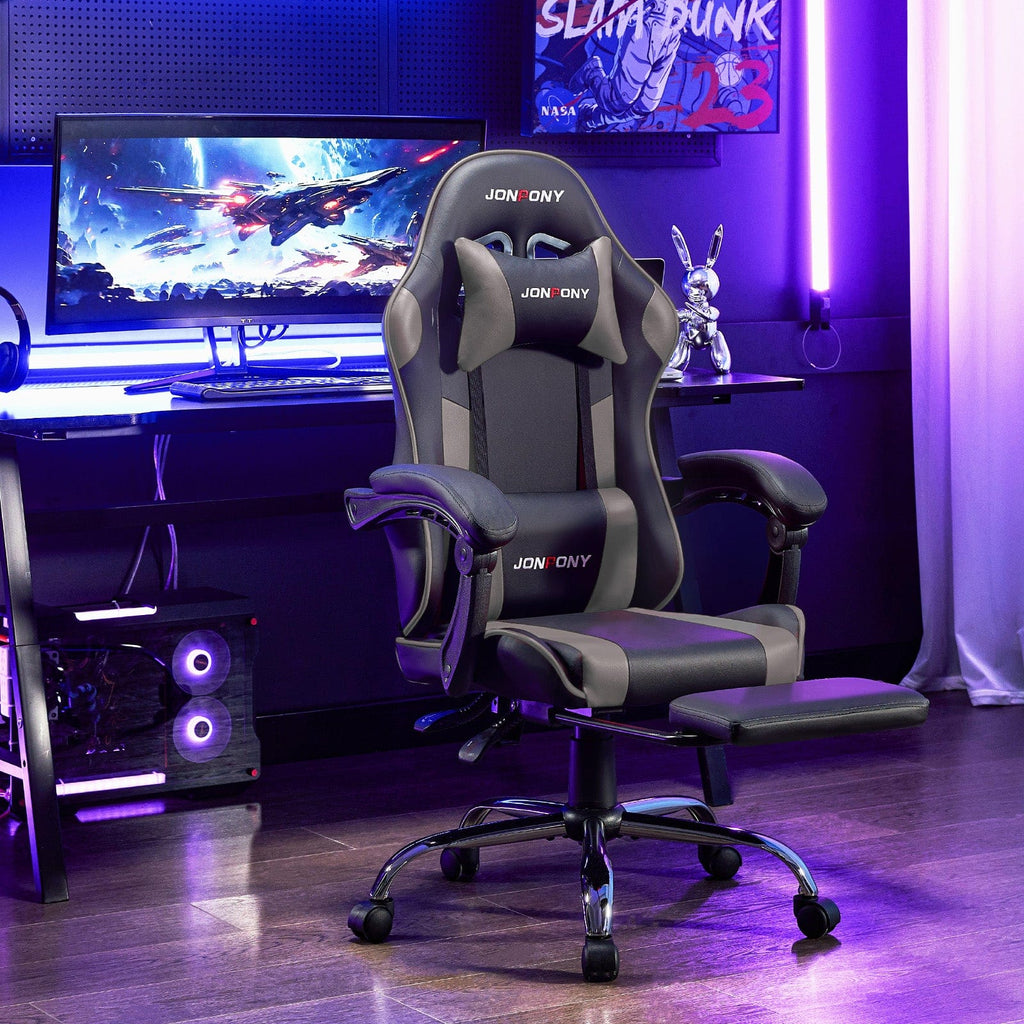 JONPONY Big and Tall Gaming Chair, Ergonomic Design, Gamer Chair PU Leather with Footrest and Lumbar Support, High Back Office Chair Support 8 Hours Long Sitting, Computer Chair,Black Grey