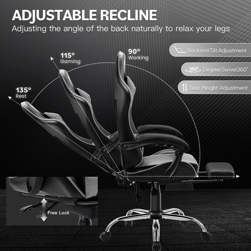 JONPONY Big and Tall Gaming Chair, Ergonomic Design, Gamer Chair PU Leather with Footrest and Lumbar Support, High Back Office Chair Support 8 Hours Long Sitting, Computer Chair,Black Grey