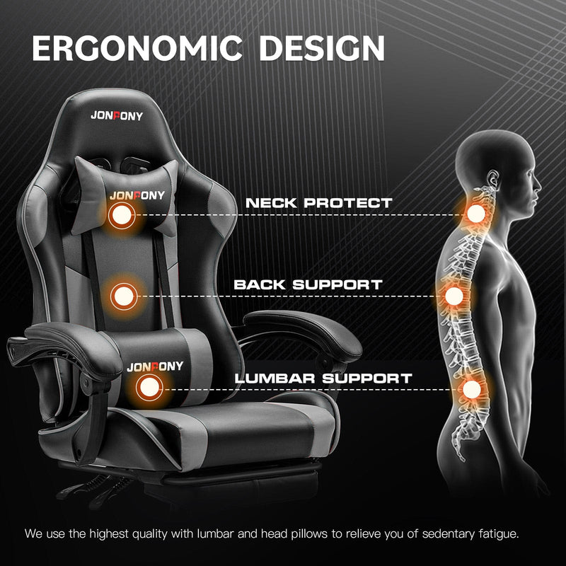 JONPONY Big and Tall Gaming Chair, Ergonomic Design, Gamer Chair PU Leather with Footrest and Lumbar Support, High Back Office Chair Support 8 Hours Long Sitting, Computer Chair,Black Grey