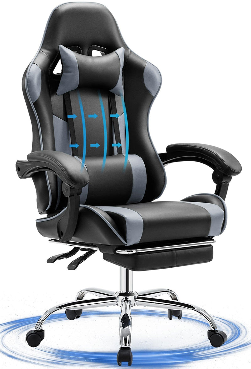 JONPONY Big and Tall Gaming Chair, Ergonomic Design, Gamer Chair PU Leather with Footrest and Lumbar Support, High Back Office Chair Support 8 Hours Long Sitting, Computer Chair,Black Grey