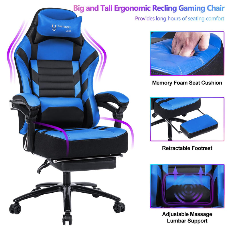 JONPONY Big and Tall Gaming Chair with Footrest 401lbs Massage Gamer Chair with Memory Foam Adjustable Tilt Back Angle & Armrest, High Back Leather Computer Office Chair