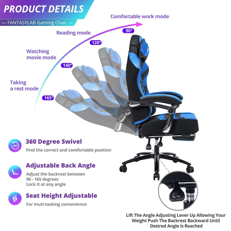JONPONY Big and Tall Gaming Chair with Footrest 401lbs Massage Gamer Chair with Memory Foam Adjustable Tilt Back Angle & Armrest, High Back Leather Computer Office Chair