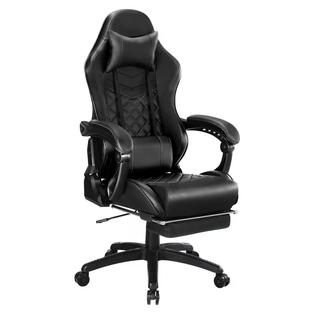 JONPONY Gaming Chair Office Chair Grass twill PU Leather with Footrest & Adjustable Headrest, Black