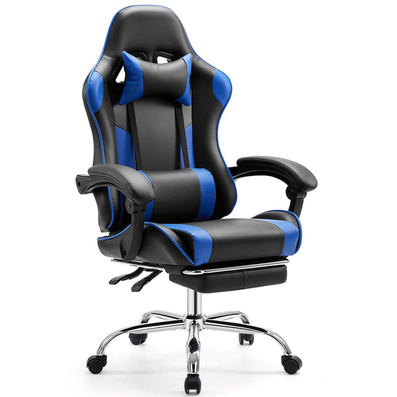 JONPONY Gaming Chair Office Chair PU Leather with Footrest & Adjustable Headrest,Blue