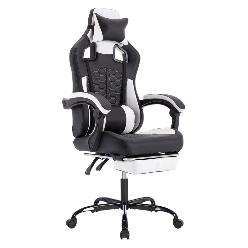 JONPONY Gaming Chair with Massage,Ergonomic PC Gaming Chair with Footrest Comfortable Headrest and Lumbar Support,High Back PVC Leather,Black White