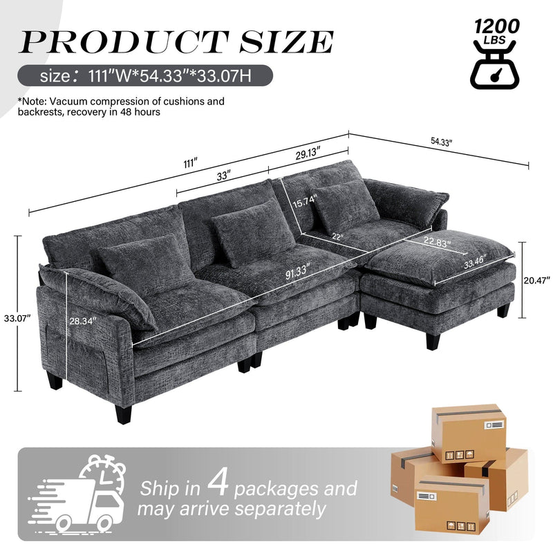 JONPONY 111" Cloud Couch,L Shaped Modular Sectional Sofa with Movable Ottoman,3 Oversized Seats Sleeper Couches for Living Room