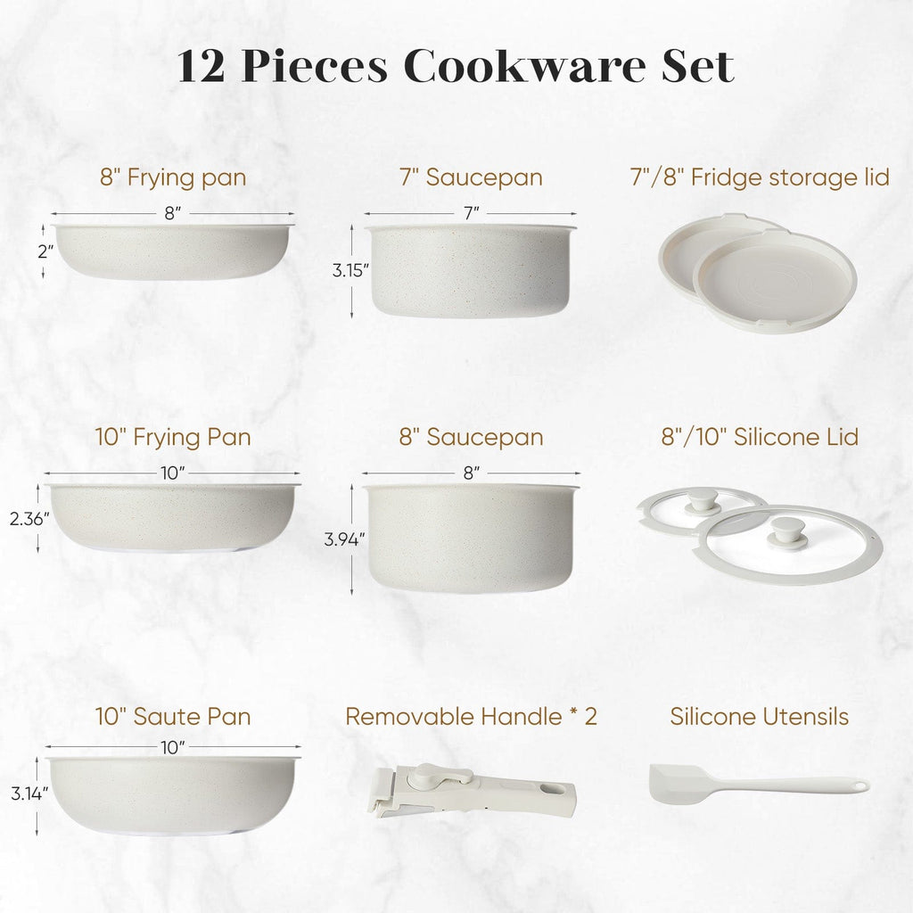 JONPONY 12 Pcs Nonstick Cookware Set, Pots and Pans Set with Detachable Handle, Dishwasher & Oven Safe, Induction Compatible, Kitchen Cooking Set