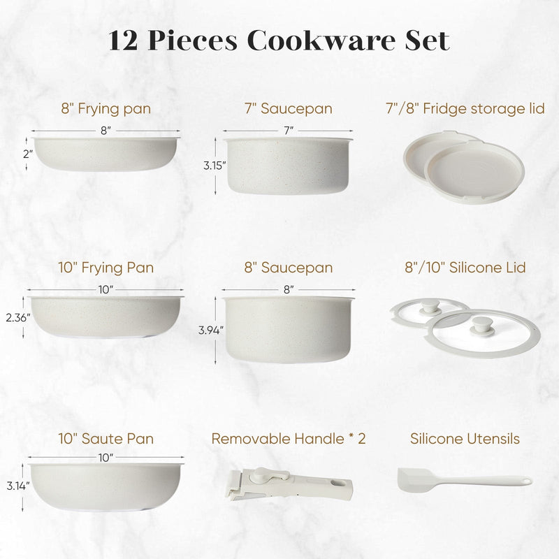 JONPONY 12 Pcs Nonstick Cookware Set, Pots and Pans Set with Detachable Handle, Dishwasher & Oven Safe, Induction Compatible, Kitchen Cooking Set