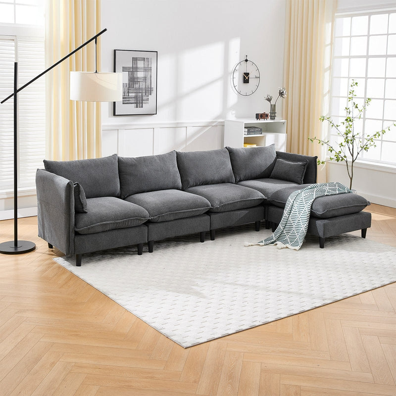 JONPONY 126" Sectional Sofa for Living Room, L-Shaped Cloud Couch with 4 Oversized Seats Sleeper Sofa Set with Double Chaise,Wood Legs,Movable Ottoman for Living Room