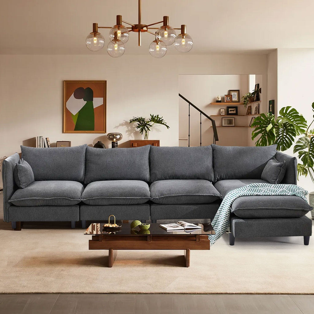JONPONY 126" Sectional Sofa for Living Room, L-Shaped Cloud Couch with 4 Oversized Seats Sleeper Sofa Set with Double Chaise,Wood Legs,Movable Ottoman for Living Room