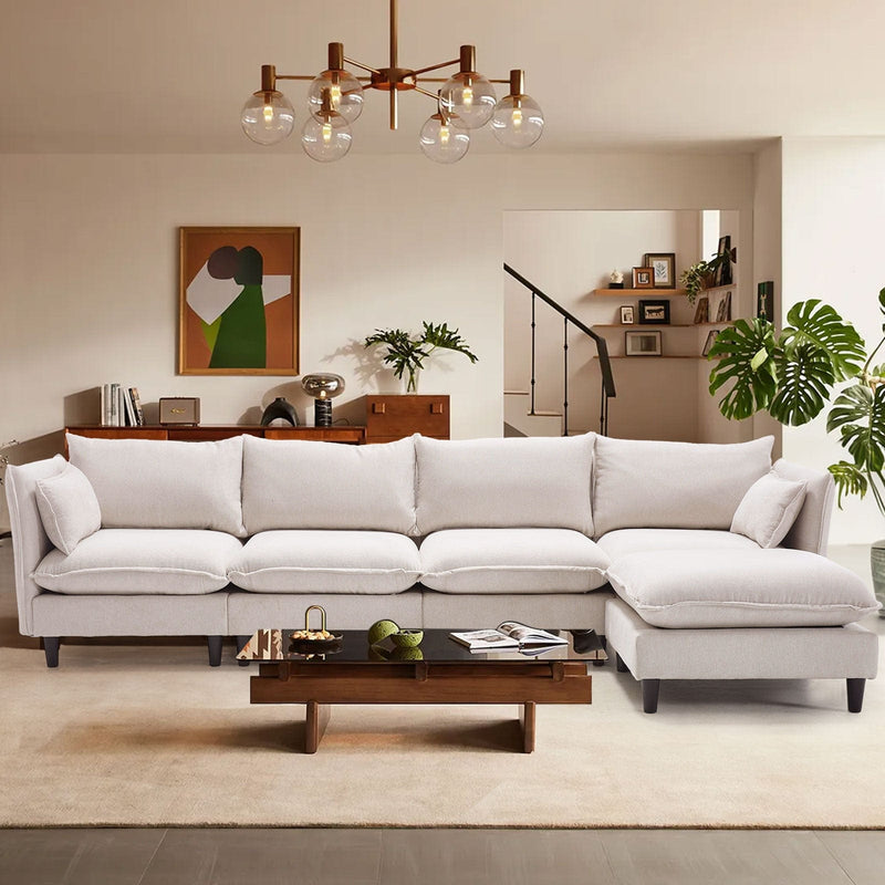 JONPONY 126" Sectional Sofa for Living Room, L-Shaped Cloud Couch with 4 Oversized Seats Sleeper Sofa Set with Double Chaise,Wood Legs,Movable Ottoman for Living Room