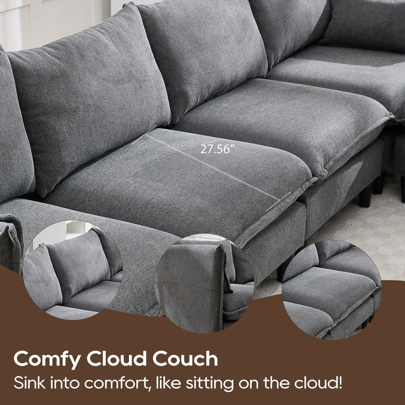 JONPONY 126" Sectional Sofa for Living Room, L-Shaped Cloud Couch with 4 Oversized Seats Sleeper Sofa Set with Double Chaise,Wood Legs,Movable Ottoman for Living Room