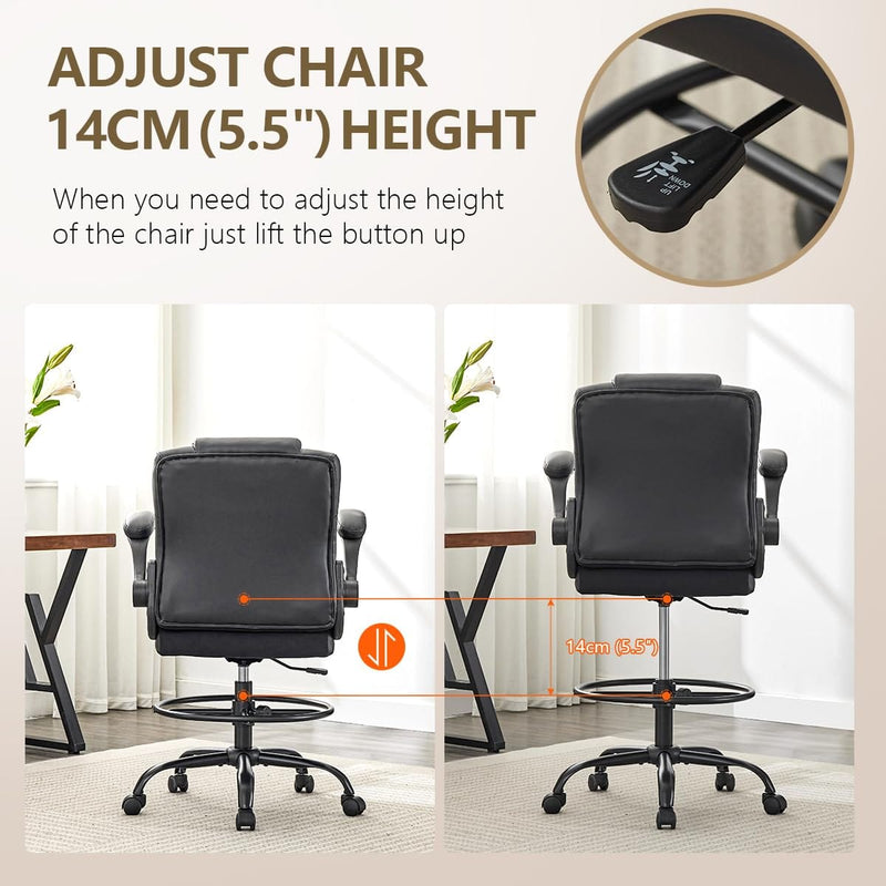 JONPONY 500 lbs Drafting Chair Tall Office Chair with Flip-up Armrests for Standing Desk Executive Ergonomic Computer Leather Desk Chair with Lumbar Support, Adjustable Foot Ring for Home,Black