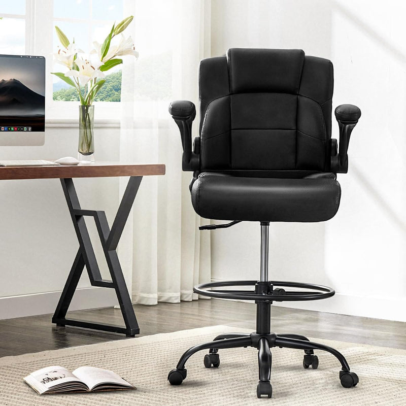 JONPONY 500 lbs Drafting Chair Tall Office Chair with Flip-up Armrests for Standing Desk Executive Ergonomic Computer Leather Desk Chair with Lumbar Support, Adjustable Foot Ring for Home,Black