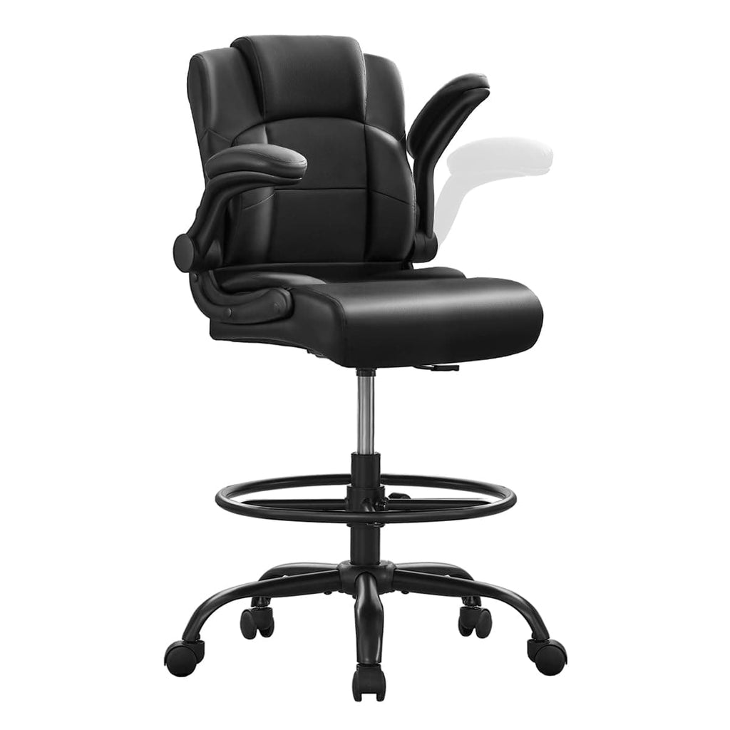 JONPONY 500 lbs Drafting Chair Tall Office Chair with Flip-up Armrests for Standing Desk Executive Ergonomic Computer Leather Desk Chair with Lumbar Support, Adjustable Foot Ring for Home,Black