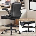 JONPONY 500 lbs Drafting Chair Tall Office Chair with Flip-up Armrests for Standing Desk Executive Ergonomic Computer Leather Desk Chair with Lumbar Support, Adjustable Foot Ring for Home,Black