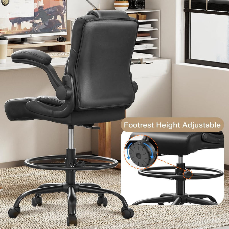 JONPONY 500 lbs Drafting Chair Tall Office Chair with Flip-up Armrests for Standing Desk Executive Ergonomic Computer Leather Desk Chair with Lumbar Support, Adjustable Foot Ring for Home,Black