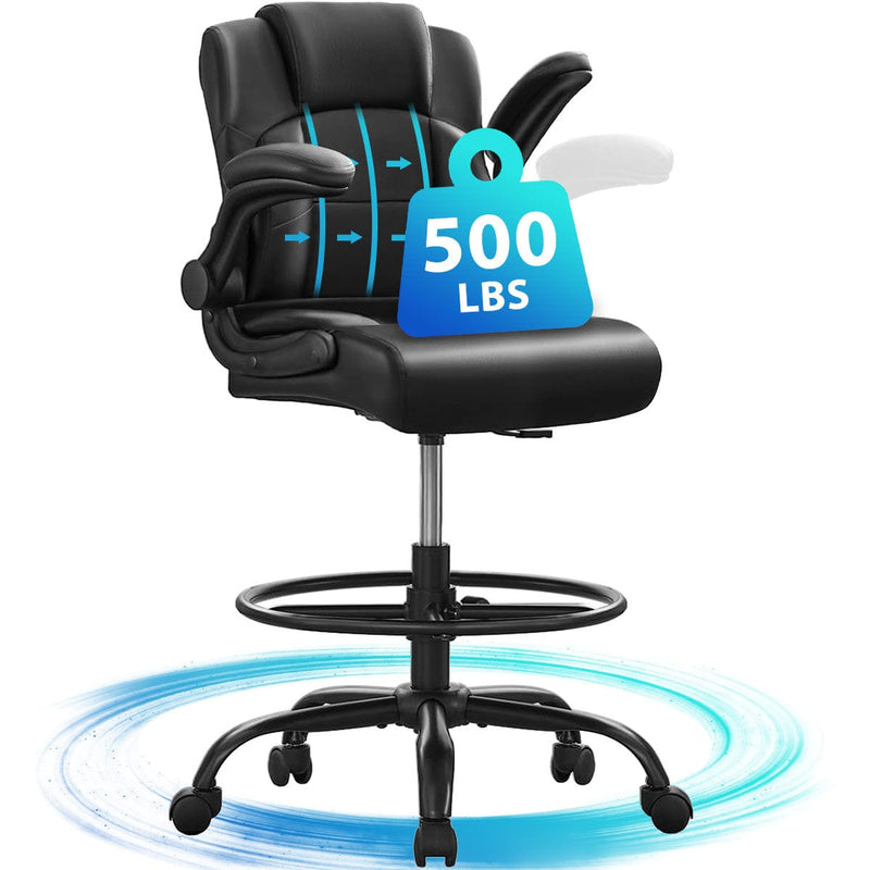 JONPONY 500 lbs Drafting Chair Tall Office Chair with Flip-up Armrests for Standing Desk Executive Ergonomic Computer Leather Desk Chair with Lumbar Support, Adjustable Foot Ring for Home,Black