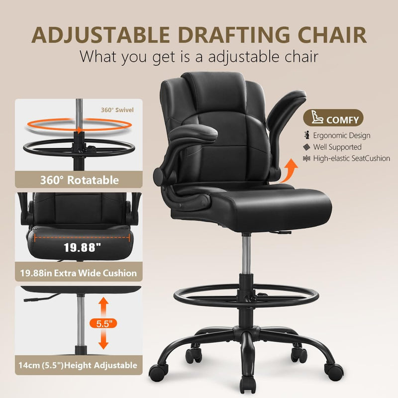 JONPONY 500 lbs Drafting Chair Tall Office Chair with Flip-up Armrests for Standing Desk Executive Ergonomic Computer Leather Desk Chair with Lumbar Support, Adjustable Foot Ring for Home,Black