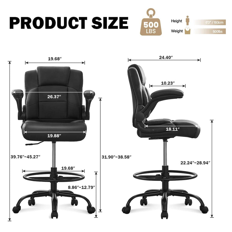 JONPONY 500 lbs Drafting Chair Tall Office Chair with Flip-up Armrests for Standing Desk Executive Ergonomic Computer Leather Desk Chair with Lumbar Support, Adjustable Foot Ring for Home,Black