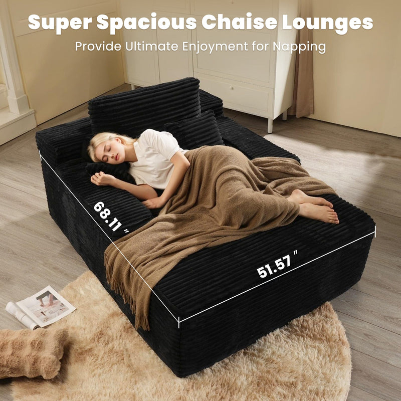 JONPONY 68'' Chaise Lounge Chair Indoor, Oversized Upholstered Sofa Bed with Sleeper Couch Reading Chairs Fluffy Plush Corduroy Cloud Sofas Couches Living Room, Black