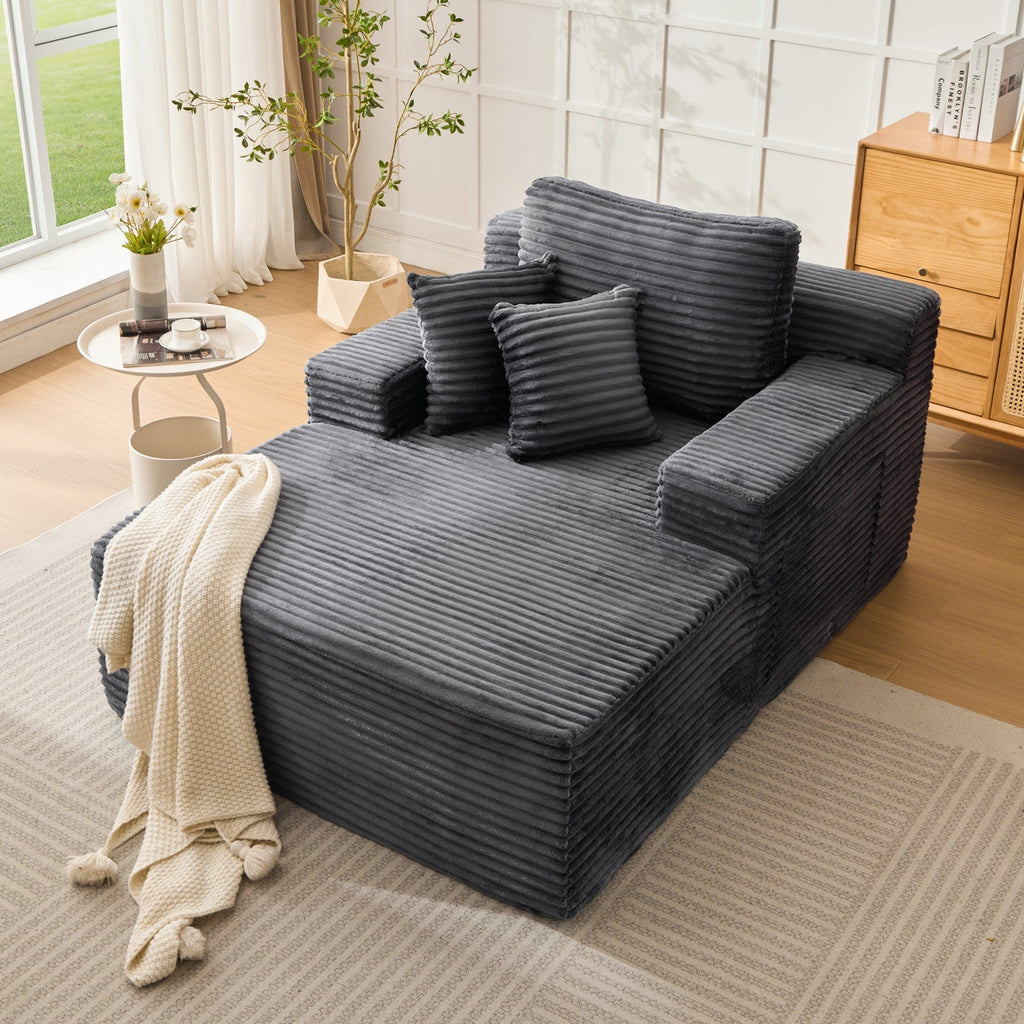 JONPONY 68'' Chaise Lounge Chair Indoor, Oversized Upholstered Sofa Bed with Sleeper Couch Reading Chairs Fluffy Plush Corduroy Cloud Sofas Couches Living Room, Black