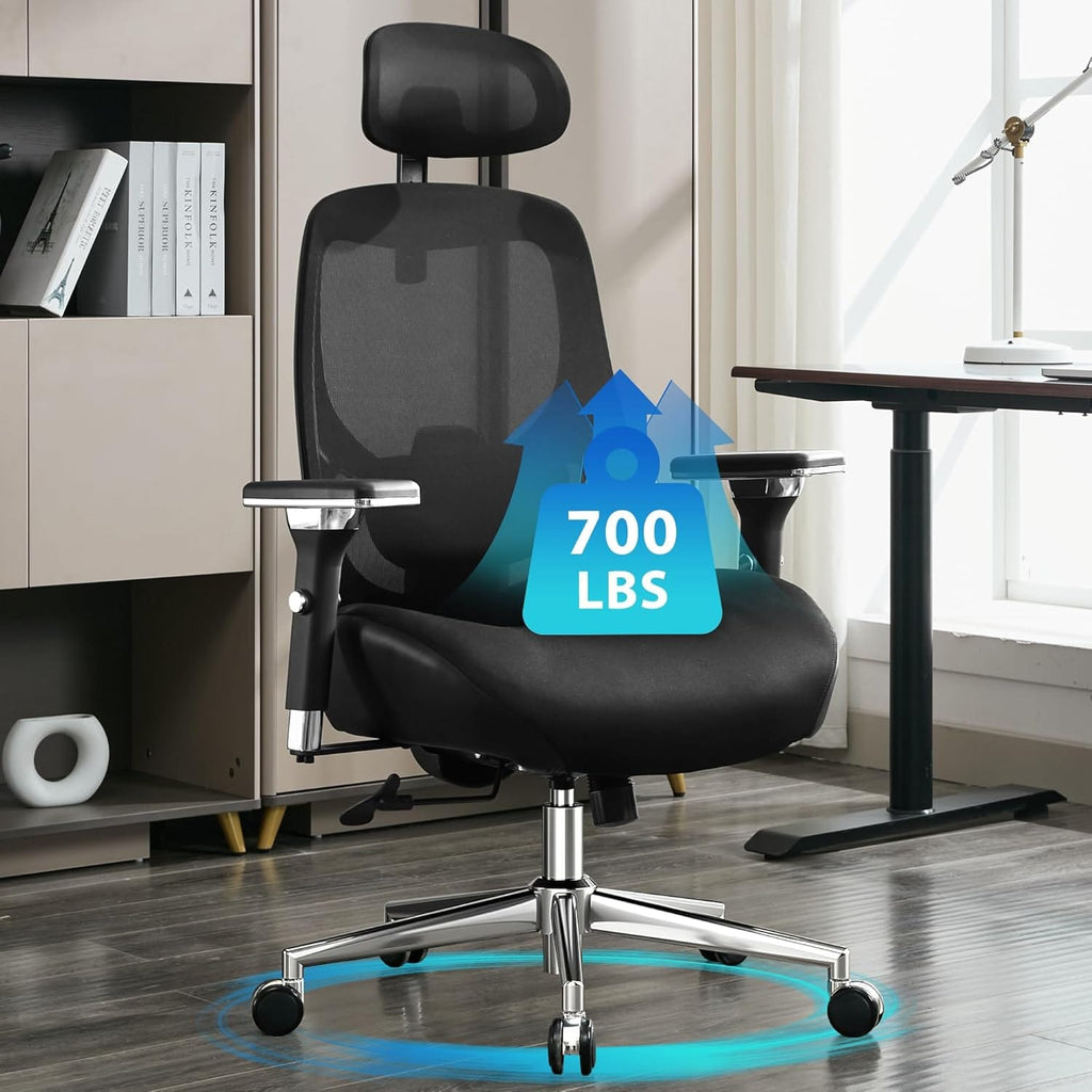 JONPONY 700lbs Big and Tall Office Chair with Wide Thick Seat Cushion,Ergonomic Computer Mesh Desk Chairs with 4D Armrests, Adjustable Lumbar Support for Adults 8 Hours daliy Work,Black